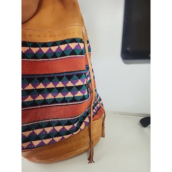 LARGE BACKPACK HAND WOVEN WOOL KILIM TOOLED LEATHER VTG SLING PURSE TOTE BAG main image 8